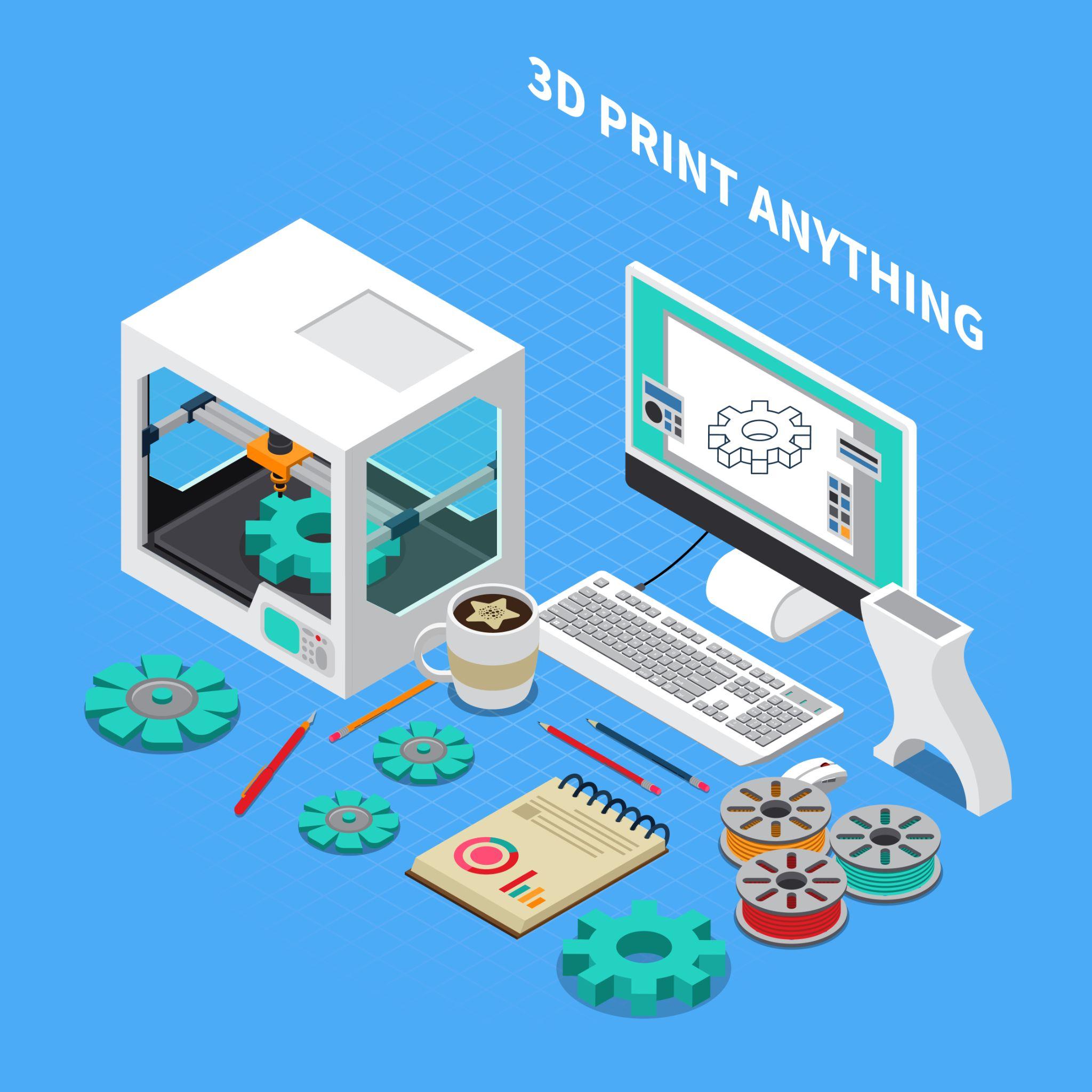 Animated 3d printing equipment in blue background